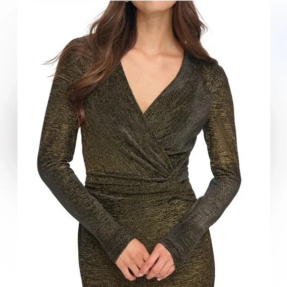 Calvin Klein Womens Petites Gathered Metallic Cocktail And Party Dress Gold 2P Calvin Klein Womens Petites Gathered Metallic Cocktail And Party Dress Gold 2P